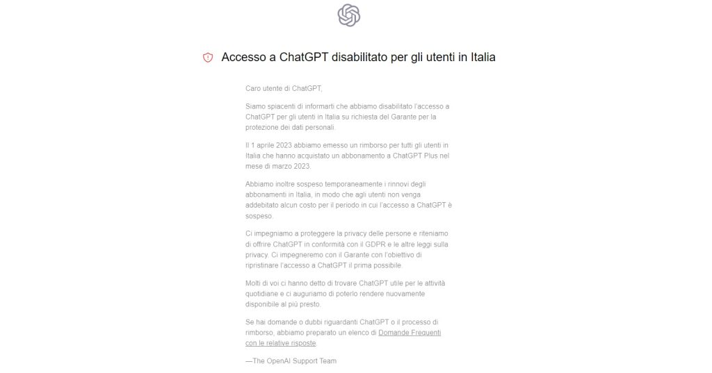 chat GPT bloccato in Italia